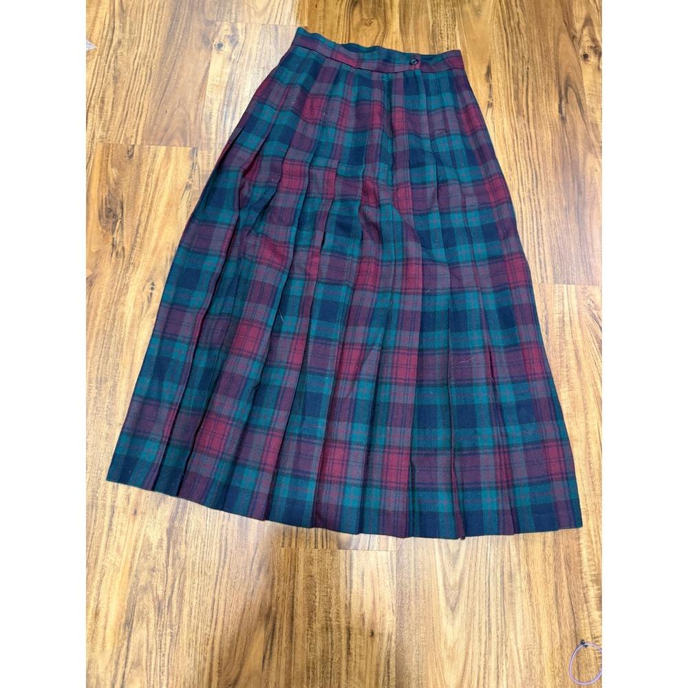 Dark Academia Womens Charter Club Plaid Wool Pleated Midi Skirt 26W Burgundy